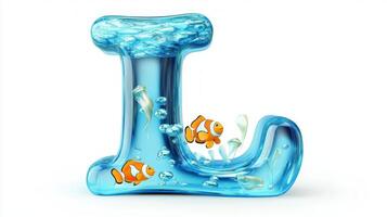whimsical letter L crafted from transparent glass, filled with vibrant fish and clear water elements, ideal for decorative purposes and children's learning environments. photo