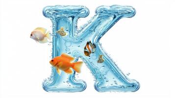 letter K is creatively designed with a glass-like texture, showcasing vibrant fish and aquatic elements inside, all set against a clean, white backdrop. photo