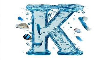 artistic depiction features the Letter K made of glass, filled with water and colorful fish swimming amidst bubbles. This imaginative aquarium design brings the letter to life in a unique way. photo
