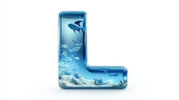 stunning representation of the letter L showcases a glass structure filled with water and colorful fish, creating an enchanting underwater world against a white background. photo