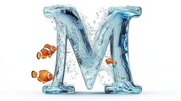 captivating glass letter M showcases a unique aquarium design, featuring colorful fish swimming amidst shimmering water. This artistic creation stands out beautifully against its white backdrop. photo