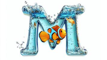 colorful letter M crafted from glass showcases water and lively fish swimming inside, creating a playful aquatic atmosphere against a white backdrop. photo