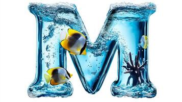 artistic representation features the letter M crafted from glass, filled with clear water. Inside, playful fish swim amongst bubbles, creating a lively underwater atmosphere. photo
