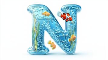 letter N showcases a captivating glass texture, filled with clear water and lively fish, offering a unique perspective in aquatic design against a pristine white backdrop. photo