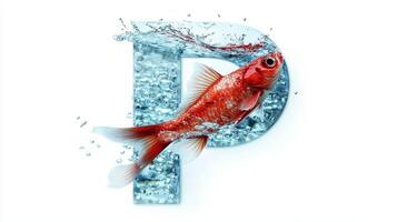 beautifully designed letter P made of glass, filled with water and lively fish, creates a captivating underwater experience against a clean white backdrop. photo