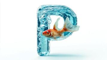 stunning glass letter P captures the essence of an aquarium, showcasing vibrant fish swimming within clear water, all set against a pristine white backdrop. photo