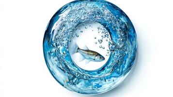 stunning letter O intricately designed with a glass-like texture, filled with water and fish, creating a captivating aquatic scene against a crisp white background. photo