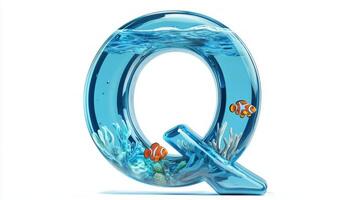 artistic representation of the letter Q features a stunning glass texture, filled with water and vibrant fish. The design creates a playful and imaginative aquascape. photo