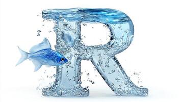 artistic representation features a transparent letter R, elegantly formed from glass and brimming with water, showcasing vibrant fish swimming gracefully within. photo