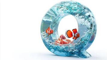 whimsical glass letter Q showcases an aquatic scene filled with lively fish swimming amidst waves and bubbles, creating a captivating underwater experience. photo