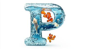 stunning glass letter P encapsulates lively fish swimming in clear water, creating an enchanting aquatic environment set on a pure white background. photo