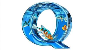 creative letter Q features a magical aquarium filled with vibrant fish swimming in clear water, all crafted with a stunning glass texture that captivates the eye. photo