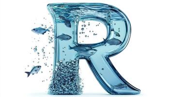 artistic representation showcases the letter R, designed with a glass texture filled with shimmering water and swimming fish, set against a bright white background for a striking visual effect. photo