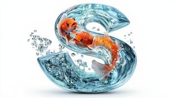 letter S is beautifully crafted from glass, showcasing a vibrant underwater scene with swirling water and lively fish swimming within, all set on a pristine white backdrop. photo