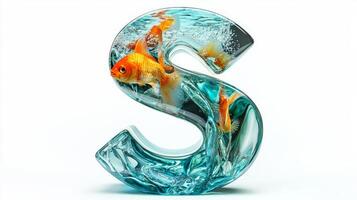 beautifully crafted letter S showcases vivid goldfish swimming amidst shimmering water within a glossy glass structure, all set against a pure white backdrop. photo