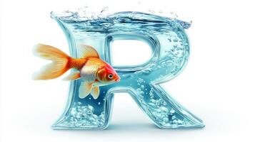 letter R stands out with a glass-like texture, filled with clear water and colorful fish swimming gracefully inside, isolated against a clean white background, evoking creativity. photo