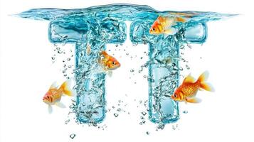 elegant letter T is crafted from glass, filled with clear water and lively fish exploring their aquatic environment, creating a captivating visual experience. photo