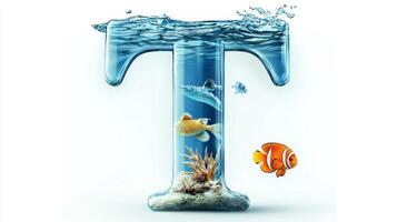 artistic representation features a transparent letter T crafted from glass, filled with clear water and diverse fish. The design invites exploration and imagination. photo