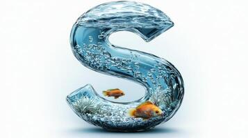 elegant glass letter S is filled with clear water, featuring colorful fish and bubbles, creating a captivating aquarium effect in a minimalistic environment. photo
