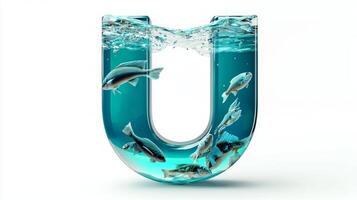 striking letter U features a beautifully crafted glass texture, revealing aquatic life swimming in clear water, evoking tranquility and creativity. photo