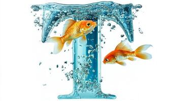 artistic glass representation of the letter T houses lively goldfish swimming amid bubbles, creating a captivating underwater ambiance photo