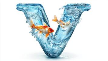 stunning representation of the letter V, crafted from glass, holds vibrant fish swimming in clear water, all set against a pristine white backdrop, creating an enchanting visual experience. photo