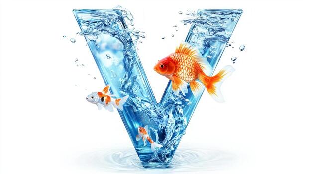 letter V, designed with a glass texture, elegantly showcases a serene aquarium with swirling water and lively fish, creating an eye-catching centerpiece. photo