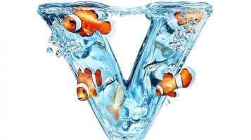 creative representation of the letter V showcases a stunning glass shape filled with clear water and lively fish, set against a clean white background photo