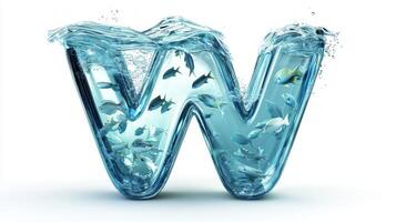 striking design features the letter W crafted from transparent glass, filled with sparkling water and lively fish, all set against a clean white backdrop, creating an eye-catching visual. photo