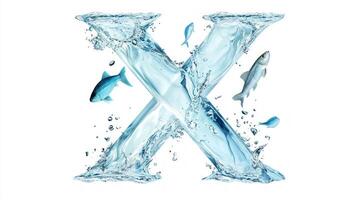 letter X showcases a captivating glass texture filled with clear water and vibrant fish, creating a playful, aquarium-inspired design against a pristine white backdrop. photo