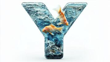 creative representation features the letter Y crafted from glass, filled with water and swimming fish, artistically designed to stand out against a clean white backdrop. photo