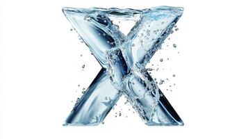 artistic portrayal features the letter X crafted from glass, beautifully filled with clear water and colorful fish, set against a pristine white background, highlighting its elegance. photo