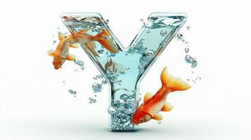 artistic representation showcases the letter Y, crafted from glass and filled with water and lively fish. It stands out beautifully against a white backdrop, inviting wonder. photo