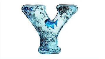 stunning letter Y features an intricate glass design filled with clear water, showcasing small fish and bubbles, creating an enchanting aquarium effect against a white backdrop. photo