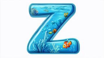 playful representation of the letter Z showcases an enchanting glass texture filled with colorful fish swimming in a bright, clear underwater world. photo