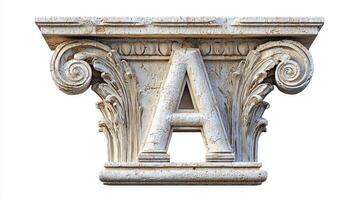 antique column showcases the letter A, beautifully carved and detailed. The texture reflects craftsmanship, creating a striking visual against the clean white background. photo
