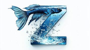 stunning representation of the letter Z crafted from glass, filled with water and lively fish, showcasing an aquatic theme. The design blends realism with creativity. photo