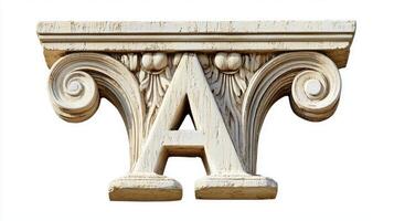 letter A stands prominently, featuring a detailed antique column texture. Its elegant design highlights craftsmanship and adds character against a clean, white backdrop. photo