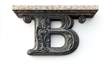 antique letter B stands out with its intricate column-like texture, appearing artistically against a clean white backdrop, evoking historical elegance. photo