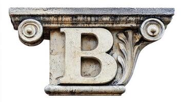 stylized letter B showcases an intricate antique column texture, capturing the elegance of classical design with detailed carvings on a stark white background. photo