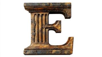 beautifully crafted letter E showcases an antique column texture, presented against a clean white backdrop, emphasizing the artistry and history of this alphabet character. photo