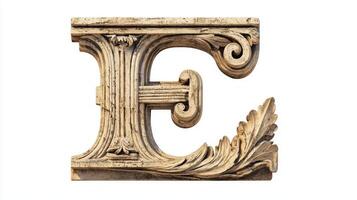 letter E showcases intricate detailing inspired by antique columns, embodying elegance and craftsmanship against a clean, white backdrop, perfect for decorative use. photo
