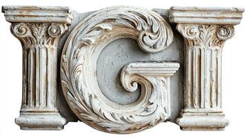 striking letter G, beautifully crafted with vintage column texture, stands out in a realistic style against a clean white backdrop, perfect for artistic endeavors or design projects. photo