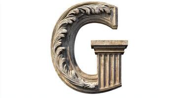 artwork showcases the letter G, intricately designed with an elegant antique column texture. Set against a clean white backdrop, its classic appeal shines through. photo