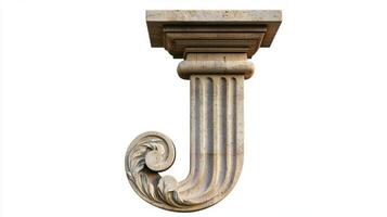 beautifully crafted letter J showcases an antique column texture, highlighting intricate details and curves against a pristine white backdrop. This artistic design invites creative interpretations. photo