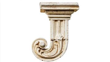 Featuring the letter J, this artwork showcases a stunning antique column texture with ornate designs, isolated against a clean white background for an elegant presentation. photo