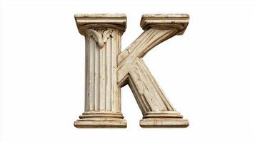 beautifully crafted letter K stands tall, featuring an intricate antique column texture, elegantly isolated against a clean white background, merging classic artistry with contemporary design. photo