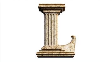 ornate letter L, crafted to resemble an antique column, stands out with its intricate texture against a stark white background, ideal for various creative uses. photo