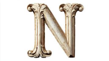 beautifully detailed letter N featuring an antique column texture stands proudly against a pure white backdrop. This exquisite design highlights artistry and classic elegance. photo