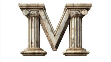 letter M is beautifully crafted with an antique column texture, showcasing intricate details and a realistic appearance on a stark white background, perfect for creative use. photo
